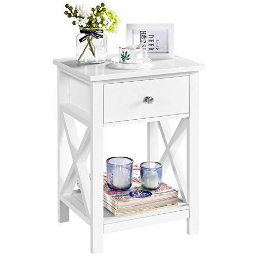Yaheetech Mesita de Noche Blanca con Cajón 40x30x55cm Mesa de Auxiliar Vintage para Sofá Dormitorio Sala de Estar