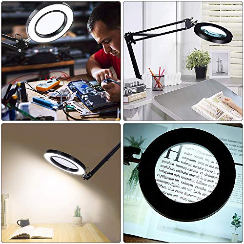 YeenGreen Lámpara de Aumento Led, Lámpara Lupa con Luz Led, Lámpara de Escritorio con Lupa, 10X Lámparas de Lupa, Iluminadas de 3 Colores, Lámpara de Brazo Giratorio Ajustable para Mesa de Trabajo