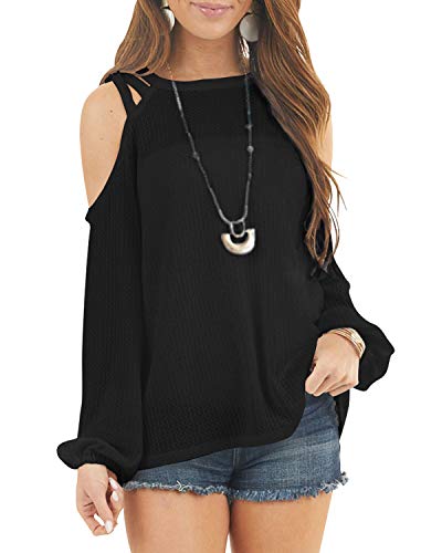 YOINS Camiseta de manga larga con hombros descubiertos, para mujer, sexy, holgada, para invierno, de manga larga, holgada, para otoño, informal Negro L