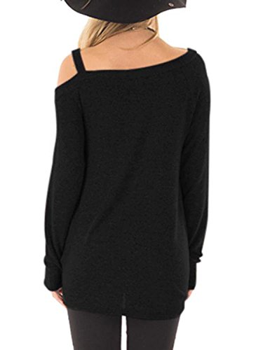 YOINS Camiseta Sexy de Manga Larga Mujer Camiseta de Color Liso con Hombros Descubiertos Blusas Casual Cuello Redondo Negro M