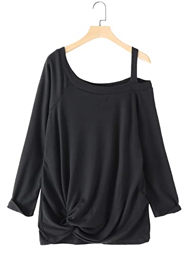 YOINS Camiseta Sexy de Manga Larga Mujer Camiseta de Color Liso con Hombros Descubiertos Blusas Casual Cuello Redondo Negro M