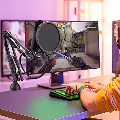 YOTTO Soporte para Micrófono Brazo Suspensión Ajustable Tijera de Pluma para Micrófono con Filtro Pop y Adaptador de 3/8"a 5/8" para Blue Yeti Snowball Nano, Clip de Micrófono, Abrazadera de Montaje