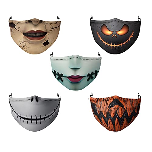 YQRDSHJS Mascarilla de protección divertida para adultos, mascarilla protectora para la boca y la nariz, 5 unidades, para Halloween, mascarilla facial de algodón, transpirable, para hombre y mujer