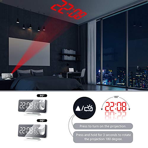 YUNYODA Despertador de proyección, Despertador Digital LED con Superficie de Espejo, Puerto de Carga USB, repetición, Alarma Dual, Radio FM, Modo de atenuación 3D, Temperatura y Humedad (White Words)