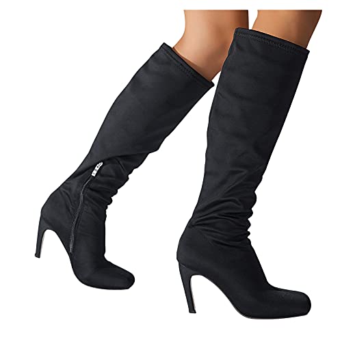 YWLINK Botas Altas Botas De Cuero Botas De Moda Mujer Elegante Rodilla Alta Botas Negro Cremallera Botas De Correr SeccióN Delgada Botas Retro De TacóN Alto En Color Liso (Negro-1, 38)
