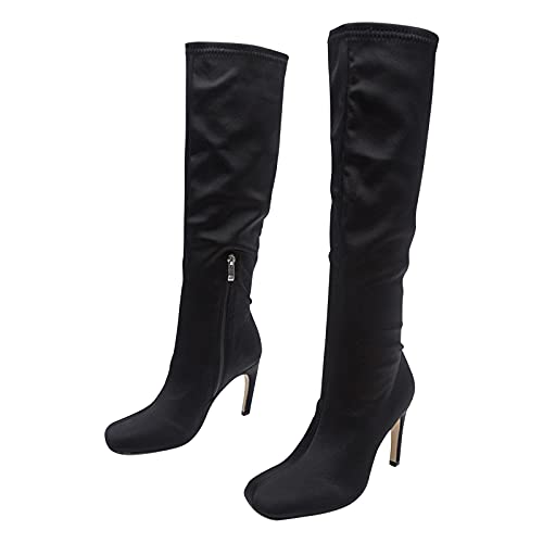 YWLINK Botas Altas Botas De Cuero Botas De Moda Mujer Elegante Rodilla Alta Botas Negro Cremallera Botas De Correr SeccióN Delgada Botas Retro De TacóN Alto En Color Liso (Negro-1, 38)