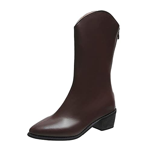 YWLINK Botas Altas Mujer Botas De Piel Negras Bota Alta Comoda Con Tacon Cuadrado Mujer Elegante Piel Rodilla Alta Botas Cremallera Botas De Correr Botas Vaqueras Western Vintage (Marrón, 37)