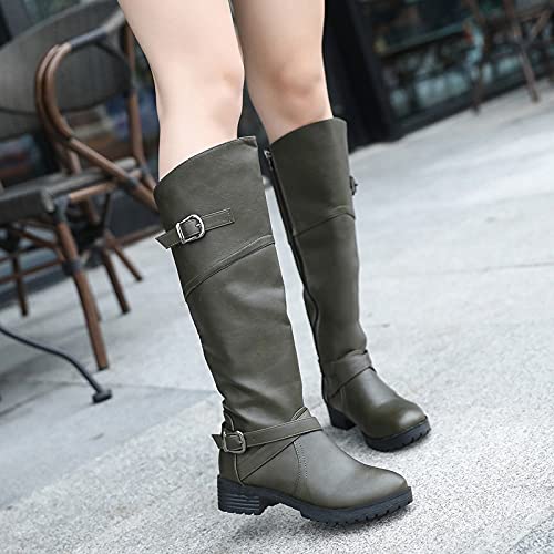 YWLINK Botas Nuevas Para Mujer Hasta La Rodilla Botas Altas De Invierno Forro De Piel Botas Altas Zapatos Planos CáLidos Botas Anchas Retro Zapatos Casuales,Negro Botas Con Hebilla (ejercito verde)