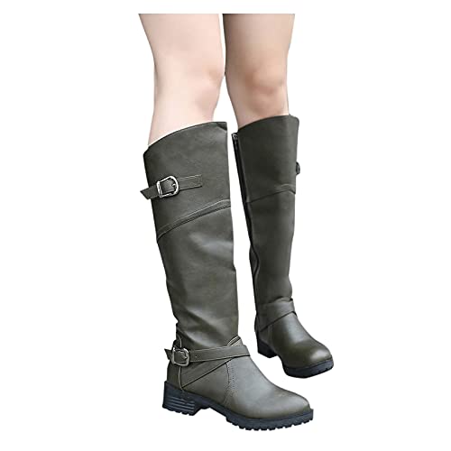 YWLINK Botas Nuevas Para Mujer Hasta La Rodilla Botas Altas De Invierno Forro De Piel Botas Altas Zapatos Planos CáLidos Botas Anchas Retro Zapatos Casuales,Negro Botas Con Hebilla (ejercito verde)