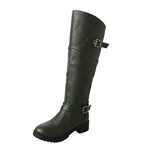 YWLINK Botas Nuevas Para Mujer Hasta La Rodilla Botas Altas De Invierno Forro De Piel Botas Altas Zapatos Planos CáLidos Botas Anchas Retro Zapatos Casuales,Negro Botas Con Hebilla (ejercito verde)