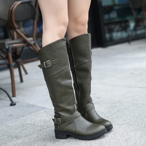 YWLINK Botas Nuevas Para Mujer Hasta La Rodilla Botas Altas De Invierno Forro De Piel Botas Altas Zapatos Planos CáLidos Botas Anchas Retro Zapatos Casuales,Negro Botas Con Hebilla (ejercito verde)