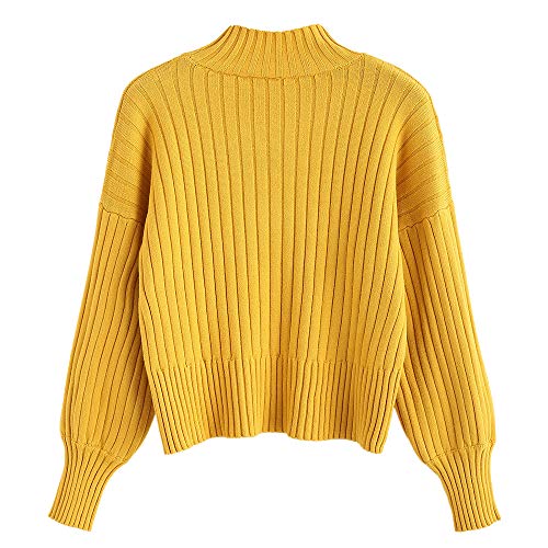 ZAFUL Suéter suelto de manga larga para mujer, cuello alto mostaza talla única