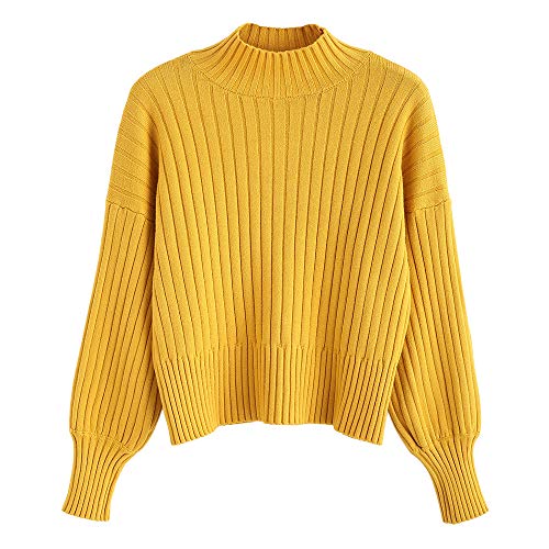 ZAFUL Suéter suelto de manga larga para mujer, cuello alto mostaza talla única