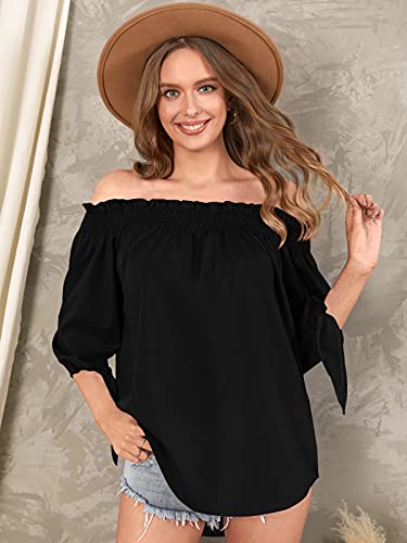 ZANZEA Camisa Mujer Manga 3/4 Sin Hombros Sexy Camisetas Mujer Baratas Blusas Irregular 01-Negro M