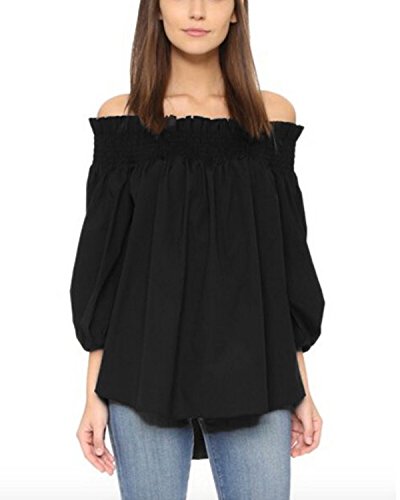 ZANZEA Camisa Mujer Manga 3/4 Sin Hombros Sexy Camisetas Mujer Baratas Blusas Irregular 01-Negro M