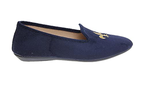 Zapatilla Cerrada Efecto Serraje, Bordado Flor de Lis , Piso Flexible de Goma Hechas En España Muy Cómodas (39 EU, Marino, numeric_39)
