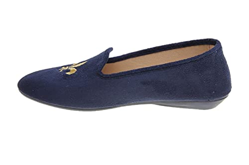 Zapatilla Cerrada Efecto Serraje, Bordado Flor de Lis , Piso Flexible de Goma Hechas En España Muy Cómodas (39 EU, Marino, numeric_39)