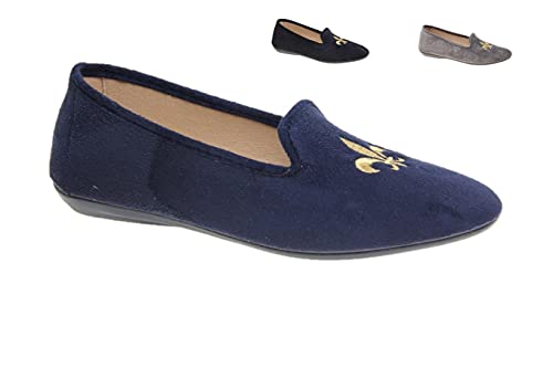 Zapatilla Cerrada Efecto Serraje, Bordado Flor de Lis , Piso Flexible de Goma Hechas En España Muy Cómodas (39 EU, Marino, numeric_39)