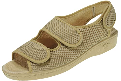 Zapatilla Rejilla Mujer Nailon para Casa Tres Velcros - Marca [Alberola] - Punta Abierta - Verano - Plantilla Toalla Anatómica BEIG Talla 38