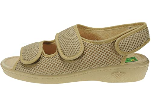 Zapatilla Rejilla Mujer Nailon para Casa Tres Velcros - Marca [Alberola] - Punta Abierta - Verano - Plantilla Toalla Anatómica BEIG Talla 38