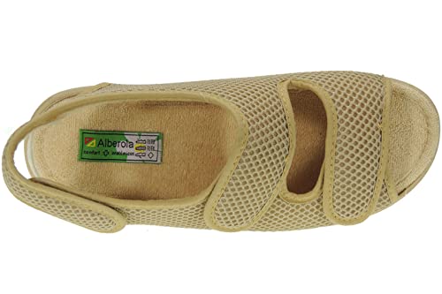 Zapatilla Rejilla Mujer Nailon para Casa Tres Velcros - Marca [Alberola] - Punta Abierta - Verano - Plantilla Toalla Anatómica BEIG Talla 38
