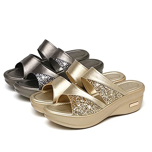 Zapatillas de playa para mujer, con lentejuelas, para playa, al aire libre, para piscina, jardín, cuñas, plataforma, verano, respirar, sandalias diarias para el hogar, zapatos