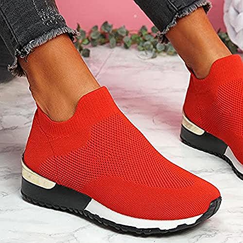 Zapatos planos para mujer, de malla superior, transpirables, ligeros, cómodos, antideslizantes, fáciles de elásticos, zapatos planos para caminar, rojos_42