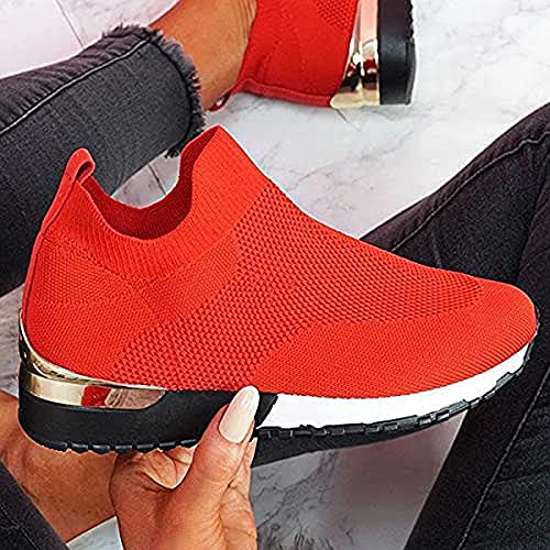Zapatos planos para mujer, de malla superior, transpirables, ligeros, cómodos, antideslizantes, fáciles de elásticos, zapatos planos para caminar, rojos_42