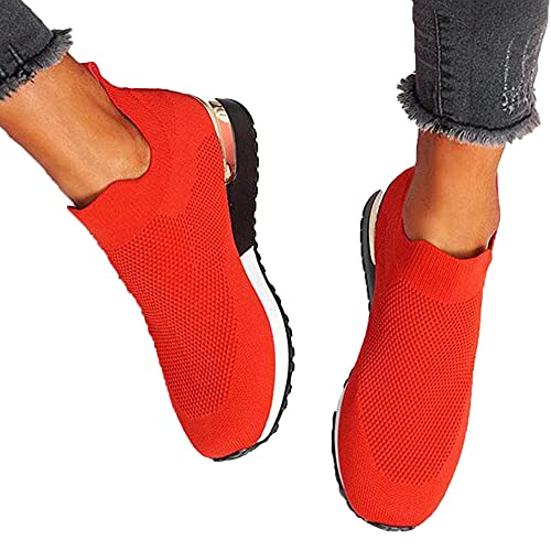 Zapatos planos para mujer, de malla superior, transpirables, ligeros, cómodos, antideslizantes, fáciles de elásticos, zapatos planos para caminar, rojos_42