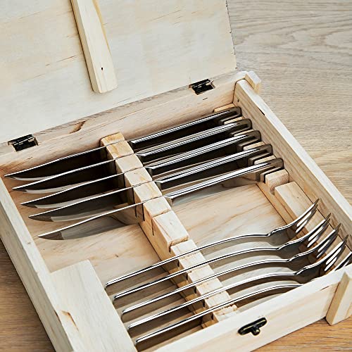 ZWILLING Juego de cubiertos para bistec para 6 personas, 12 piezas, 6 cuchillos para bistec y 6 tenedores para bistec, Incluye caja de almacenamiento de madera, acero inoxidable/madera
