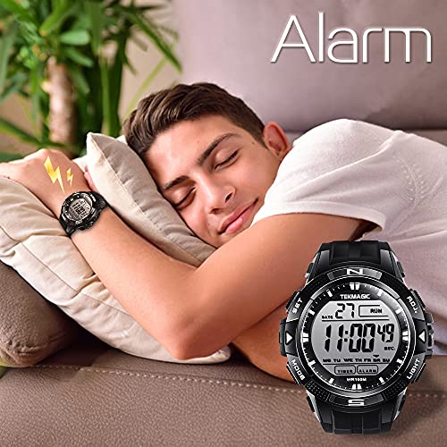 10 ATM Agua Resistente Digital Reloj Deportivo de Buceo con Funciones de Alarma y Cronómetro, Soporte Zona Horaria Dual, Temporizador de Cuenta Regresiva, Formato de 12/24 Horas