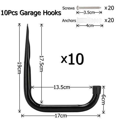 10 ganchos de escalera de almacenamiento de garaje resistentes, 17 cm pipabiba montaje en pared de acero para bicicletas (19 cm x 17 cm)