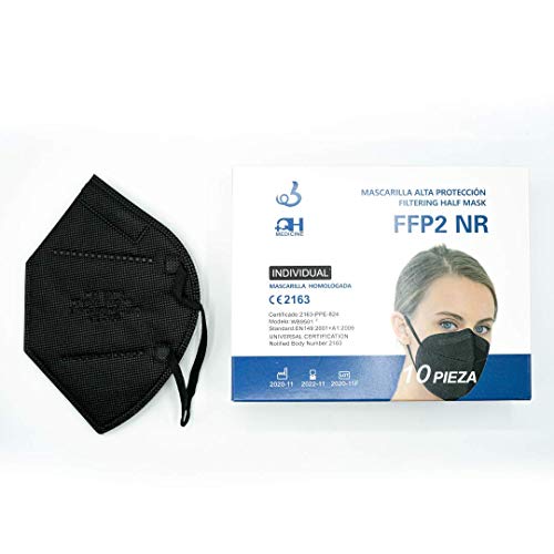 10x Mascarillas FFP2 NR Negras - Homologadas y certificadas CE - Embolsado individual para mayor comodidad e higiene - Protección polvo y partículas (pack 10)