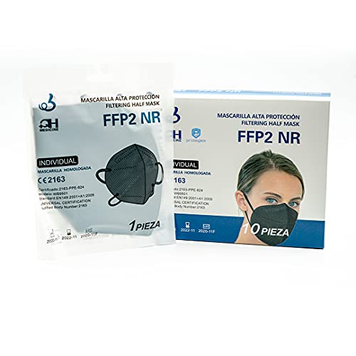 10x Mascarillas FFP2 NR Negras - Homologadas y certificadas CE - Embolsado individual para mayor comodidad e higiene - Protección polvo y partículas (pack 10)