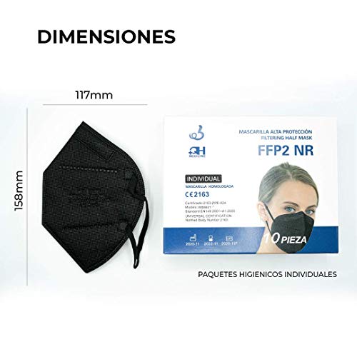 10x Mascarillas FFP2 NR Negras - Homologadas y certificadas CE - Embolsado individual para mayor comodidad e higiene - Protección polvo y partículas (pack 10)