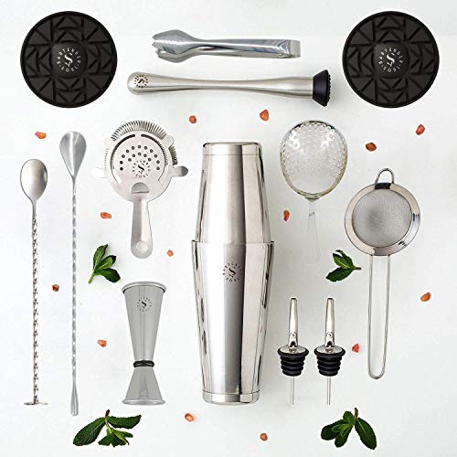14 Piezas de Coctelería Profesional - Coctelera Boston 530 y 830ml, 3 Coladores, Jigger, 2 Cucharas, Mano de Mortero, 2 Vertedores, Pinzas y 2 Posavasos - Todo en Acero Inoxidable de Alto Rendimiento