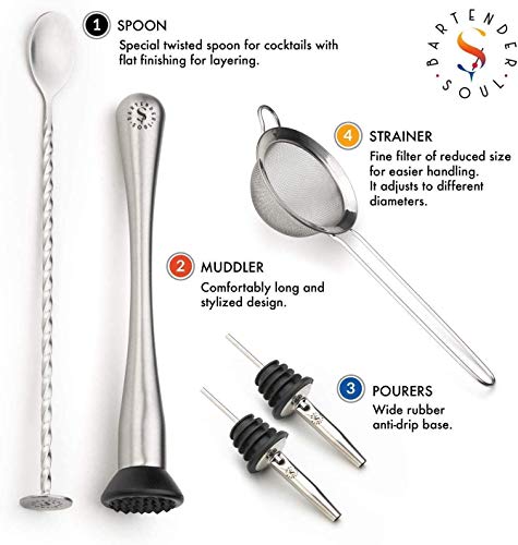 14 Piezas de Coctelería Profesional - Coctelera Boston 530 y 830ml, 3 Coladores, Jigger, 2 Cucharas, Mano de Mortero, 2 Vertedores, Pinzas y 2 Posavasos - Todo en Acero Inoxidable de Alto Rendimiento