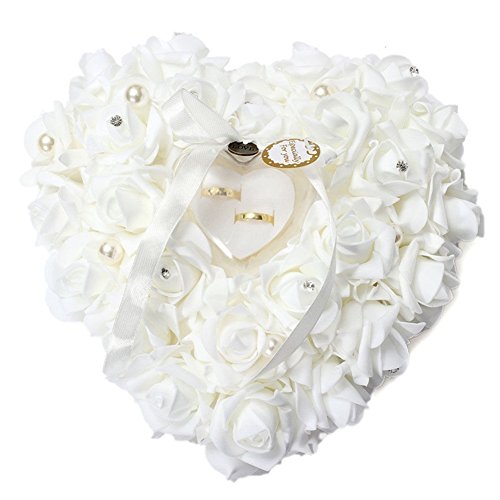 15 x 13 cm, Color Blanco romántico Rosa, Caja de Anillo de Boda con Forma de corazón Rosa, Almohadilla para Anillo de Boda con Elegante Flora de satén para joyería, Accesorios de Boda