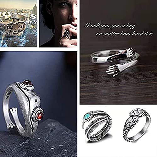 16 Piezas Anillo Hombre plata,Anillo Punk Retro,Anillo Gótico,Serpiente, Garra de Dragón, Cara Llorando, Pluma, Pez Rana, Anillo Ajustable，Adecuado Para el Estilo de Moda de la Calle.
