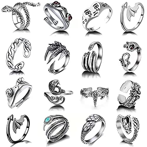 16 Piezas Anillo Hombre plata,Anillo Punk Retro,Anillo Gótico,Serpiente, Garra de Dragón, Cara Llorando, Pluma, Pez Rana, Anillo Ajustable，Adecuado Para el Estilo de Moda de la Calle.