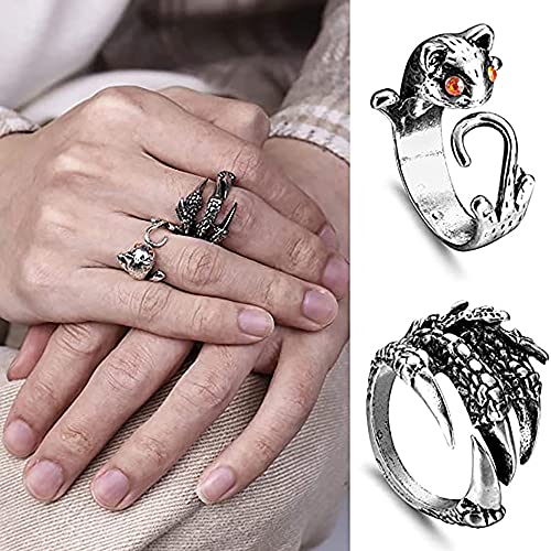 16 Piezas Anillo Hombre plata,Anillo Punk Retro,Anillo Gótico,Serpiente, Garra de Dragón, Cara Llorando, Pluma, Pez Rana, Anillo Ajustable，Adecuado Para el Estilo de Moda de la Calle.