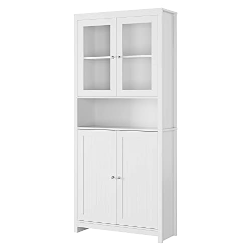 190cm Vitrinas Salón Mueble Salón Estantería Librería Alta Aparador Salón Mueble Almacenaje Cocina Oficina Estudio con 2 Puertas de Madera 2 Puertas de Vidrio Blanco 84x32x189.5cm