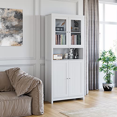 190cm Vitrinas Salón Mueble Salón Estantería Librería Alta Aparador Salón Mueble Almacenaje Cocina Oficina Estudio con 2 Puertas de Madera 2 Puertas de Vidrio Blanco 84x32x189.5cm