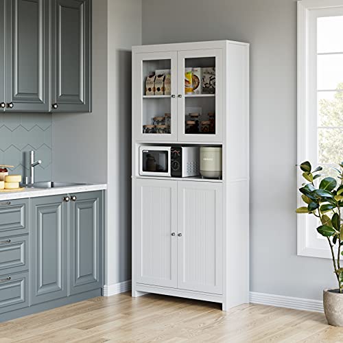 190cm Vitrinas Salón Mueble Salón Estantería Librería Alta Aparador Salón Mueble Almacenaje Cocina Oficina Estudio con 2 Puertas de Madera 2 Puertas de Vidrio Blanco 84x32x189.5cm