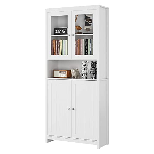 190cm Vitrinas Salón Mueble Salón Estantería Librería Alta Aparador Salón Mueble Almacenaje Cocina Oficina Estudio con 2 Puertas de Madera 2 Puertas de Vidrio Blanco 84x32x189.5cm