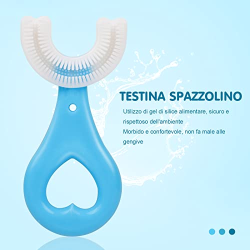 2 cepillo de dientes en forma de U para niños, cabezal de silicona suave de calidad alimentaria, cepillo de dientes para bebés de 2 a 12 años de edad, con 360 ° de cuidado bucal (azul)