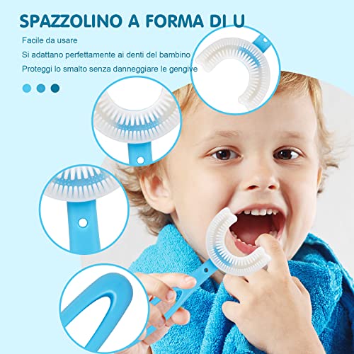2 cepillo de dientes en forma de U para niños, cabezal de silicona suave de calidad alimentaria, cepillo de dientes para bebés de 2 a 12 años de edad, con 360 ° de cuidado bucal (azul)