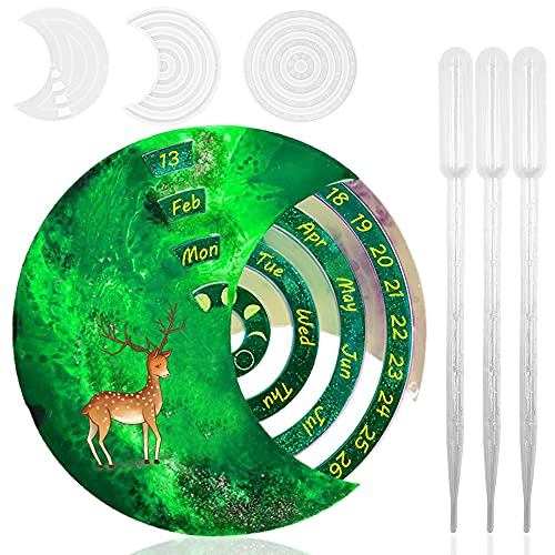 3 moldes de resina para calendario perpetuo, calendario de luna AFUNTA con 3 cuentagotas para fundición de resina, calendario para colgar en la pared, decoración de la pared del hogar