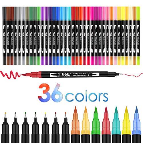 36 Colores Rotuladores Punta Fina, Acuarelables Marcadores de Pincel para Niños y Adultos Dibujo, Caligrafía, Lettering, Bullet Journal HO-36B