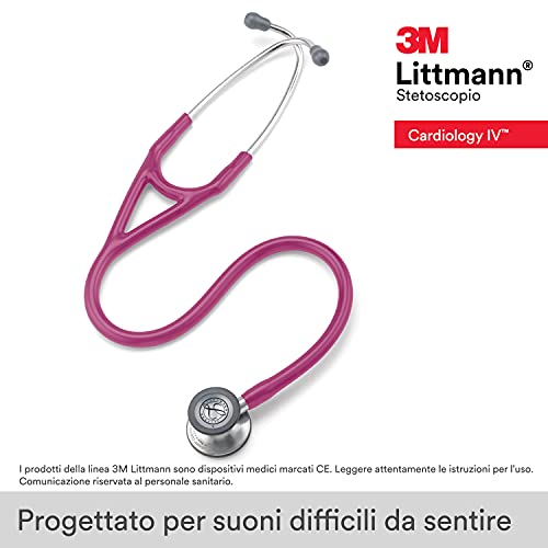 3M Littmann Cardiology IV Fonendoscopio diagnóstico, campana de acabado estándar, tubo color Frambuesa y vástago y auricular de Acero Inoxidable, 69 cm, 6158